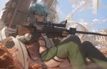  1girl anti-materiel_rifle bangs black_gloves blue_eyes blue_hair breasts duplicate fingerless_gloves free_style_(yohan1754) gloves green_legwear gun hair_ornament hairclip highres long_sleeves looking_at_viewer pgm_hecate_ii pixel-perfect_duplicate rifle short_hair sidelocks sinon sniper_rifle solo sword_art_online thighs weapon 