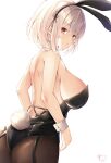  1girl :o absurdres animal_ears ass azur_lane back bangs bare_arms bare_shoulders black_leotard breasts brown_legwear bunny_tail commentary_request cowboy_shot eyebrows_visible_through_hair fake_animal_ears fake_tail fishnet_legwear fishnets from_behind garter_straps highres kiri_celea large_breasts leotard looking_at_viewer looking_back medium_hair pantyhose playboy_bunny rabbit_ears red_eyes shiny shiny_hair sidelocks signature silver_hair simple_background sirius_(azur_lane) solo standing strapless strapless_leotard tail white_background wrist_cuffs 