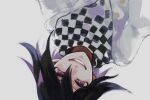  1boy bangs black_hair chachi_(azuzu) checkered checkered_scarf commentary_request dangan_ronpa_(series) dangan_ronpa_v3:_killing_harmony grey_background grey_jacket grin hair_between_eyes jacket looking_at_viewer male_focus ouma_kokichi purple_eyse scarf simple_background smile solo straitjacket upper_body upside-down violet_eyes 
