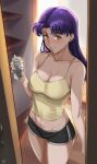  1girl alcohol beer beer_can black_shorts breasts can highres holding holding_can indoors katsuragi_misato long_hair medium_breasts midriff neon_genesis_evangelion orange_eyes purple_hair ryudraw shorts solo standing tank_top yellow_tank_top 