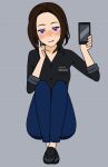  1girl black_shirt blue_pants blush brand_name_imitation breast_pocket brown_hair cellphone facing_viewer grey_background head_tilt holding holding_phone kisekae leg_up legs_together looking_at_viewer mole mole_under_eye pants phone pocket samsung samsung_sam shirt simple_background sitting smartphone smile solo violet_eyes 