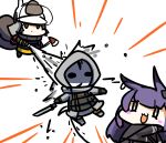  1other 2girls animal_ears arknights axe black_gloves black_jacket blush brown_hair chibi commentary_request expressionless fire_helmet fire_jacket firefighter full_body gloves helmet holding holding_axe holding_weapon hood jacket kagami_kino long_hair long_sleeves multiple_girls open_mouth purple_hair rabbit_ears reunion_soldier_(arknights) rope_(arknights) shaw_(arknights) smile squirrel_girl squirrel_tail sword tail water_stream weapon white_background 