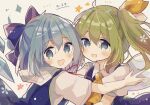 2girls :d ascot bangs blue_bow blue_eyes blue_hair bow cirno daiyousei dated fairy_wings green_hair hair_bow hair_ribbon hug ice ice_wings looking_at_viewer mina_(sio0616) multiple_girls open_mouth puffy_short_sleeves puffy_sleeves ribbon short_hair short_sleeves side_ponytail simple_background smile touhou upper_body wings yellow_neckwear yellow_ribbon 