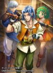  1girl 2boys blue_hair fire_emblem fire_emblem:_thracia_776 fire_emblem_cipher green_hair hairband headband holding holding_sword holding_weapon looking_at_viewer multiple_boys nekobayashi perne_(fire_emblem) sword tina_(fire_emblem) troude_(fire_emblem) weapon 