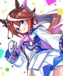  1girl animal_ears ascot blue_eyes blue_jacket blue_skirt brown_hair commentary_request confetti ear_ribbon eyebrows_visible_through_hair from_below gloves high_ponytail highres horse_ears horse_girl jacket long_hair long_sleeves looking_at_viewer multicolored_hair pleated_skirt sakino_shingetsu skirt smile solo streaked_hair tokai_teio_(umamusume) two-tone_hair two-tone_jacket two-tone_skirt umamusume white_gloves white_hair white_jacket white_skirt 