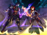  absurdres armor bandages battle black_hair castle dymitr3 evil_smile fighting_stance fire full_body highres lionel_rizzo pertenecientes_al_fuego_(book) pyrokinesis redhead selena_mulciber smile sword weapon 