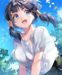  1girl bangs black_hair black_skirt blue_eyes blue_sky clouds collarbone day dragon_ball dragon_ball_z from_below hair_ornament leaf open_mouth outdoors round_teeth sal shirt skirt sky smile solo summer sweat teeth tree twintails videl white_shirt 