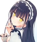  1girl bangs black_hair black_hairband black_nails blush breasts closed_mouth eyebrows_visible_through_hair frilled_hairband frills from_side hair_between_eyes hairband hands_up highres holding holding_tray humuyun long_hair looking_at_viewer looking_to_the_side mole mole_under_eye nail_polish original puffy_sleeves shirt small_breasts smile solo tray upper_body white_background white_shirt yellow_eyes 