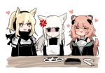  3girls anger_vein animal_ears aogisa arknights armor black_jacket blonde_hair blush box candy chibi extra_ears eyebrows_visible_through_hair food gravel_(arknights) headset heart highres horse_ears implied_extra_ears jacket long_hair mouse_ears mouse_girl mouse_tail multiple_girls nearl_(arknights) off_shoulder open_mouth pink_hair plate platinum_(arknights) ponytail simple_background tail triangle_mouth upper_body very_long_hair white_background white_hair yellow_eyes 