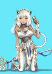  1girl :o absurdres animal_ears ash_(fire_emblem) bangs bare_shoulders black_horns blue_background blunt_bangs blush breasts brown_eyes commentary cow_ears cow_girl cow_horns cow_tail dark-skinned_female dark_skin dress elbow_gloves fingerless_gloves fire_emblem fire_emblem_heroes gloves gold_trim highres holding holding_staff holding_tail holding_weapon horns howaito_gyuunyuu index_finger_raised kneeling large_breasts lips long_hair looking_at_viewer pants pelvic_curtain pink_lips shadow simple_background sleeveless sleeveless_dress solo staff tail tight tight_pants weapon white_dress white_gloves white_hair white_pants 