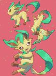  :d absurdres brown_eyes closed_eyes commentary_request fangs gen_4_pokemon highres leafeon multiple_views no_humans nose_bubble nullma open_mouth paws pink_background pokemon pokemon_(creature) shiny sleeping smile standing toes tongue 