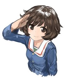  1girl brown_eyes brown_hair girls_und_panzer highres ooarai_military_uniform oshiri_seijin salute short_hair sketch smile solo upper_body white_background 