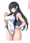  1girl black_hair blue_swimsuit blush breasts competition_swimsuit covered_navel cowboy_shot ebifurya eyebrows_visible_through_hair hair_between_eyes hair_ribbon hand_on_hip highleg highleg_swimsuit highres isokaze_(kancolle) kantai_collection lips long_hair looking_at_viewer medium_breasts one-hour_drawing_challenge one-piece_swimsuit red_eyes red_ribbon ribbon simple_background solo swimsuit tress_ribbon twitter_username white_background white_swimsuit 