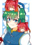  3girls :3 absurdres asymmetrical_hair bangs blue_eyes blue_vest border closed_eyes closed_mouth eyebrows_visible_through_hair green_hair hair_bobbles hair_ornament highres juliet_sleeves long_sleeves looking_at_viewer medium_hair multiple_girls no_hat no_headwear onozuka_komachi puffy_sleeves redhead saliva saliva_trail shiki_eiki short_sleeves sleeping smile tomori_yukari touhou two_side_up upper_body vest white_border 