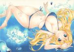  1girl arm_up atago_(kancolle) bangs beret bikini blonde_hair blue_bikini blue_eyes blue_headwear blush breasts covered_nipples hat kantai_collection large_breasts long_hair marker_(medium) saya_pr side-tie_bikini smile solo swimsuit traditional_media underwater upside-down 