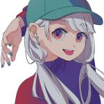  1girl absurdres aqua_headwear aqua_nails bangs eyebrows_visible_through_hair grey_hair highres long_hair long_sleeves looking_at_viewer original red_eyes ritao_kamo simple_background solo sweater tongue tongue_out twintails upper_body white_background 