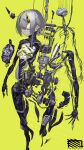  1girl absurdres afukuro android assembling cable chromatic_aberration closed_eyes engine english_commentary exhaust_pipe gears grey_hair highres horns humanoid_robot joints mechanical_parts original piston robot_joints screw solo spine tube yellow_background 