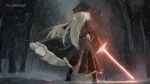 1girl bangs black_capelet black_dress black_headwear blonde_hair bolos capelet dress energy_sword english_commentary english_text forest from_behind full_body highres holding holding_weapon lightsaber lily_black lily_white long_hair long_sleeves nature outdoors pointy_hat snowing solo standing sword touhou weapon 
