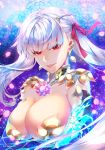  1girl breasts earrings fate/grand_order fate_(series) flower hair_ribbon highres hisuririi jewelry kama_(fate) large_breasts long_hair looking_at_viewer lotus red_eyes revealing_clothes ribbon white_hair 