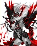  1girl absurdres black_sclera breasts chain clenched_teeth colored_sclera fate/grand_order fate_(series) gawain_(fairy_knight)_(fate) green_eyes greyscale highres large_breasts long_hair monochrome onasu_(sawagani) red_eyes spot_color teeth 