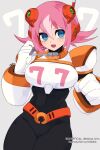 1girl android belt black_bodysuit blue_eyes bodysuit hair_between_eyes headset highres mega_man_(series) mega_man_x_(series) mikhail_kitto multicolored_hair nana_(mega_man_x:_command_mission) nana_(rockman) pink_hair robot short_hair simple_background smile two-tone_hair