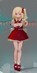  1girl absurdres blonde_hair blush crystal dress flandre_scarlet foreshortening full_body grey_background highres light_smile looking_at_viewer no_hat no_headwear one_side_up red_dress red_eyes reddizen simple_background solo stretch touhou wings 