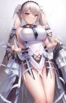  1girl azur_lane bangs bare_shoulders black_choker black_neckwear black_sailor_collar bow_dress breasts choker closed_mouth clothes_lift clothing_cutout commentary_request cowboy_shot dress dress_lift eyebrows_visible_through_hair falling_feathers feather_dress formidable_(azur_lane) formidable_(timeless_classics)_(azur_lane) groin hair_between_eyes hair_ornament hair_ribbon highres large_breasts long_hair looking_at_viewer mizuya_nao navel navel_cutout neckerchief official_alternate_costume red_eyes ribbon sailor_collar sidelocks silver_hair simple_background sleeveless sleeveless_dress smile solo standing twintails two-tone_dress two-tone_ribbon veil very_long_hair white_background white_dress 