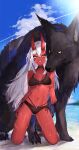  1girl absurdres akumi_(yoclesh) beach bikini black_bikini blue_sky breasts clenched_teeth clouds colored_skin day hair_between_eyes highres hiiragi_mikoto horns indie_virtual_youtuber kneeling long_hair looking_at_viewer medium_breasts navel ocean oni oni_horns outdoors red_skin scar scar_on_breasts scar_on_face scar_on_stomach side-tie_bikini sky smile solo swimsuit teeth virtual_youtuber water white_hair wolf yellow_eyes 