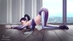  1girl black_hair blurry blurry_background breast_press brown_eyes elbow_gloves firolian gloves high_heels highres indoors k/da_(league_of_legends) kai&#039;sa league_of_legends long_hair midriff multicolored_hair pants ponytail profile solo streaked_hair the_baddest_kai&#039;sa tight tight_pants top-down_bottom-up 