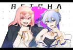  2girls bangs black_jacket blue_eyes blue_hair bracelet breasts collarbone cuffs english_commentary eyebrows_visible_through_hair eyewear_on_head fangs getcha!_(vocaloid) hair_between_eyes handcuffs hololive hololive_english hoshimachi_suisei jacket jacket_on_shoulders jewelry kiel_adair looking_down medium_breasts mori_calliope multiple_girls open_mouth pink_eyes pink_hair see-through_jacket side_ponytail small_breasts smile sunglasses virtual_youtuber 