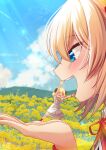  &gt;_&lt; 2girls akai_haato arms_up bangs blonde_hair blue_eyes blue_sky blush clouds commentary_request day dress eyebrows_visible_through_hair face field flower flower_field flying_sweatdrops forced_perspective hair_between_eyes hands highres hololive horns magowasabi multiple_girls open_mouth outdoors overskirt profile red_legwear red_ribbon ribbon sailor_collar sheep_girl sheep_horns short_sleeves signature skirt sky socks striped tsunomaki_watame twintails upper_teeth vertical-striped_dress vertical_stripes virtual_youtuber white_dress white_sailor_collar white_skirt yellow_flower 