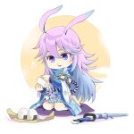  1girl alternate_color alternate_hair_color animal_ears bangs barefoot blue_eyes cushion food fox_ears hair_between_eyes holding holding_food honkai_(series) honkai_impact_3rd kanai23831347 katana music onigiri open_mouth pink_hair seiza simple_background singing sitting solo sword weapon white_background yae_sakura yae_sakura_(gyakushinn_miko) 