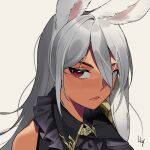  1girl animal_ears brown_eyes close-up dark-skinned_female dark_skin face final_fantasy final_fantasy_xiv grey_hair hair_between_eyes highres lilycious long_hair looking_at_viewer portrait rabbit_ears sleeveless solo viera white_background 