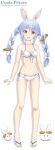  1girl :d absurdres animal_ear_fluff animal_ears bangs bare_arms bare_shoulders bikini blue_hair bow braid breasts brown_eyes bunny-shaped_pupils carrot_hair_ornament character_name commentary_request copyright_name eyebrows_visible_through_hair flipper food-themed_hair_ornament front-tie_bikini front-tie_top full_body hair_bow hair_ornament highres hololive long_hair looking_at_viewer multicolored_hair navel nousagi_(usada_pekora) open_mouth rabbit_ears sandals shadow short_eyebrows side-tie_bikini small_breasts smile standing swimsuit thick_eyebrows twin_braids twintails two-tone_hair upper_teeth usada_pekora virtual_youtuber white_background white_bikini white_bow white_footwear white_hair 