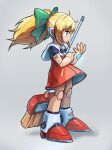  blonde_hair blue_eyes bow broom dress full_body grey_background hair_bow highres hoshi_mikan joints mega_man_(series) number_tattoo ponytail red_dress red_footwear robot robot_joints roll_(mega_man) short_sleeves solo tattoo 