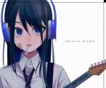  1girl bandaid bandaid_on_face black_hair blue_eyes cigarette collared_shirt grey_shirt guitar headphones instrument long_hair looking_at_viewer mouth_hold necktie original ritao_kamo shirt simple_background solo striped striped_neckwear twitter_username white_background 