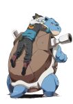  1boy bag bangs beanie blastoise blue_hair boots commentary danzzila_(medanzzila) gen_1_pokemon grey_pants hat highres hood hood_down hooded_jacket jacket long_sleeves looking_back male_focus pants pokemon pokemon_(creature) red_footwear riding riding_pokemon short_hair simple_background white_background 