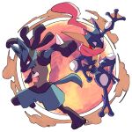  closed_mouth commentary_request gen_4_pokemon gen_6_pokemon greninja highres leg_up looking_back lucario orange_eyes outstretched_arm pokemon pokemon_(creature) smoke spikes toes tongue yellow_fur yottur 