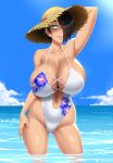  1girl arm_behind_head bikini blue_eyes blue_sky breasts clouds commentary english_commentary floral_print flower hand_on_hip hat huge_breasts ocean one-piece_swimsuit original saya_(twrlare) sky solo submerged summer sun_hat swimsuit thighs twrlare 