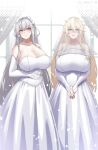  2girls absurdres alternate_costume blonde_hair blue_eyes breasts bridal_gauntlets bridal_veil bride collarbone commission dress elbow_gloves gangut_(kancolle) gloves grey_hair hair_ornament hairclip highres huge_breasts iowa_(kancolle) jewelry kantai_collection konoshige_(ryuun) long_hair multiple_girls necklace orange_eyes pearl_necklace scar scar_on_cheek scar_on_face skeb_commission sleeveless sleeveless_dress strapless strapless_dress veil very_long_hair wedding_dress white_dress white_gloves 