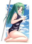  1girl blue_sky blush breasts clouds green_eyes green_hair highres higurashi_no_naku_koro_ni medium_breasts outside_border ponytail revvie sand school_swimsuit sitting sky solo sonozaki_mion swimsuit wariza white_background 