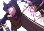  2girls animal_ears armor bangs black_gloves braid braided_ponytail breasts cat_ears chain elbow_gloves eyebrows_visible_through_hair fate/grand_order fate_(series) gloves hair_between_eyes highres holding holding_chain holding_shield holding_sword holding_weapon hood hoodie incoming_attack jumping long_hair mash_kyrielight medusa_(fate) medusa_(lancer)_(fate) multiple_girls purple_hair sarujie_(broken_monky) shield short_hair simple_background sword thigh-highs very_long_hair violet_eyes weapon white_background white_legwear 