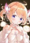  &gt;_&lt; 1girl amedamacon angora_rabbit animal bangs bare_shoulders blue_eyes blush bow breasts brown_hair closed_eyes commentary_request detached_sleeves dress eyebrows_visible_through_hair flower fur-trimmed_sleeves fur_trim gochuumon_wa_usagi_desu_ka? grin hair_between_eyes hair_bow hair_flower hair_ornament hands_up horns hoto_cocoa juliet_sleeves long_sleeves looking_at_viewer nail_polish pink_nails puffy_sleeves rabbit red_flower small_breasts smile strapless strapless_dress striped striped_bow tippy_(gochiusa) twintails upper_body white_dress white_sleeves 