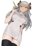  1girl absurdres arknights black_legwear cleavage_cutout clothing_cutout cowboy_shot dragon_horns dress dutch_angle grey_hair hati105 highres holding holding_syringe horns legs_together long_hair looking_at_viewer orange_eyes saria_(arknights) short_sleeves simple_background solo syringe thigh-highs thighs white_background white_dress 