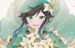  1boy androgynous bangs beret black_hair blue_hair blush bouquet bow braid cape commentary_request falling_petals flower genshin_impact gradient_hair green_eyes green_headwear hair_flower hair_ornament hat highres leaf looking_at_viewer male_focus multicolored_hair nima0v0 open_mouth petals short_hair_with_long_locks smile solo twin_braids twitter_username venti_(genshin_impact) white_flower 