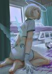  1girl absurdres bed bed_sheet curtains dress feet gloves hair_behind_ear hair_over_face halo highres hospital hospital_bed kanikumitoi kneeling low_wings medium_hair on_ground original solo stain tile_floor tiles white_dress white_hair window wings 