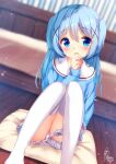  1girl :d bangs bed blue_eyes blue_hair blue_shirt blurry blurry_background blush chinomaron commentary_request covering covering_crotch cushion depth_of_field dutch_angle eyebrows_visible_through_hair feet_out_of_frame gochuumon_wa_usagi_desu_ka? hair_between_eyes hair_ornament hand_up highres kafuu_chino long_hair long_sleeves looking_at_viewer open_mouth panties pleated_skirt sailor_collar school_uniform serafuku shirt signature sitting skirt sleeves_past_wrists smile solo thigh-highs two_side_up underwear very_long_hair white_legwear white_panties white_sailor_collar white_skirt wooden_floor x_hair_ornament zabuton 