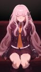  1girl absurdres bangs blunt_bangs boots breasts closed_eyes commentary_request dangan_ronpa:_trigger_happy_havoc dangan_ronpa_(series) eyebrows_visible_through_hair gloves hair_ribbon highres jacket kirigiri_kyouko knee_boots long_hair necktie pleated_skirt ribbon sitting skirt sleeping sleeping_upright solo stoll_(tmxhf) very_long_hair 