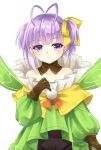  1girl antenna_hair bare_shoulders breasts brown_gloves detached_collar dress fairy fairy_wings fate/extra fate/extra_ccc fate/extra_ccc_fox_tail fate/grand_order fate_(series) gloves green_dress hair_ribbon iris_yayoi kazuradrop_(fate) long_sleeves looking_at_viewer official_art purple_hair ribbon short_hair shorts small_breasts smile solo violet_eyes wings yellow_ribbon 