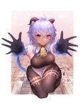  1girl ahoge armpits bare_shoulders bell black_legwear blue_hair blush breasts cowbell ganyu_(genshin_impact) genshin_impact gloves highres horns kneeling large_breasts looking_at_viewer outstretched_arms reaching_out smile thighs violet_eyes yukishimo 
